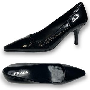 Prada Black Patent Leather Heels Pointed Square Toe Pumps Size 36.5 US 6.5